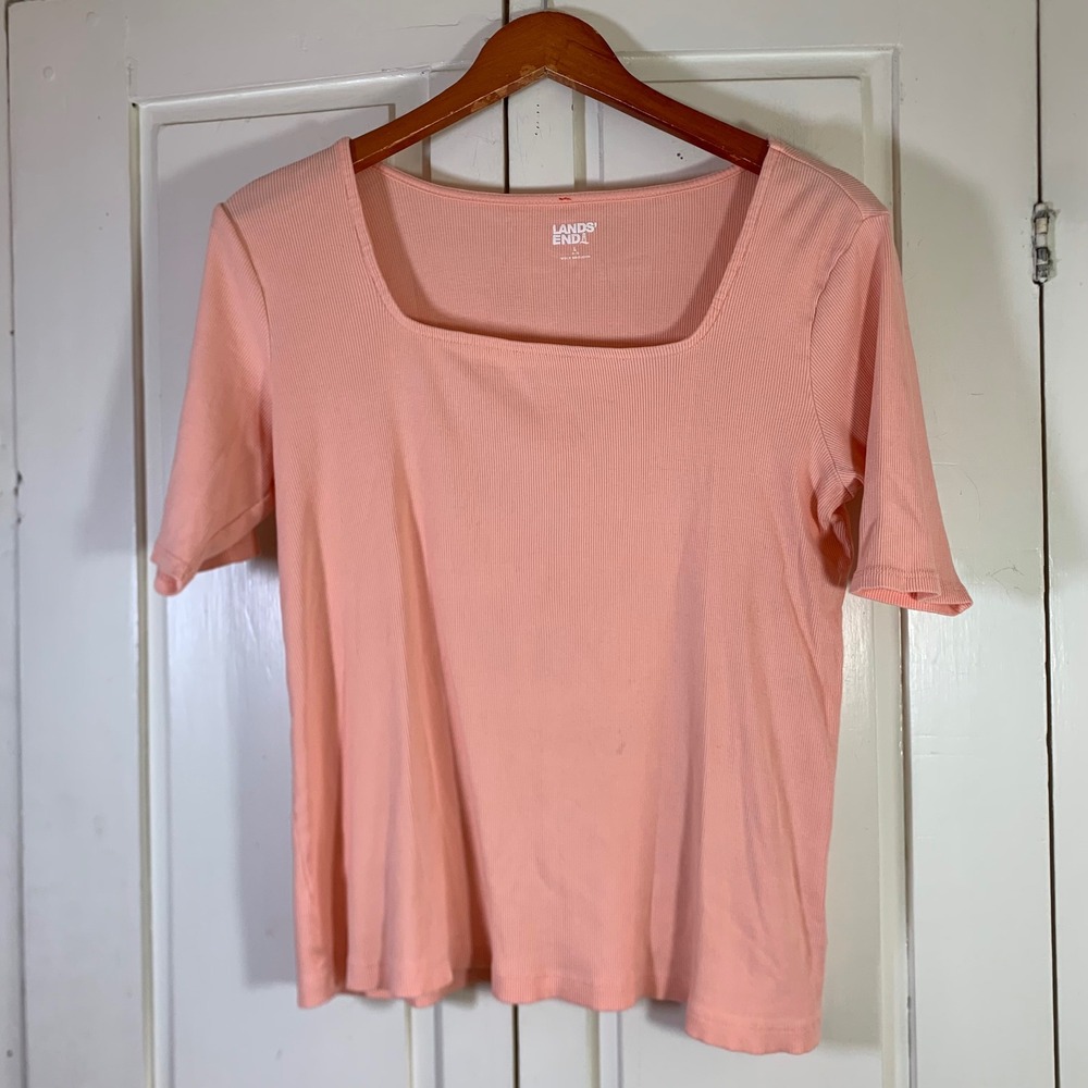 Lands End Womens Peach Ribbed Cotton Square Neck Short Sleeve Top Large 14-16
